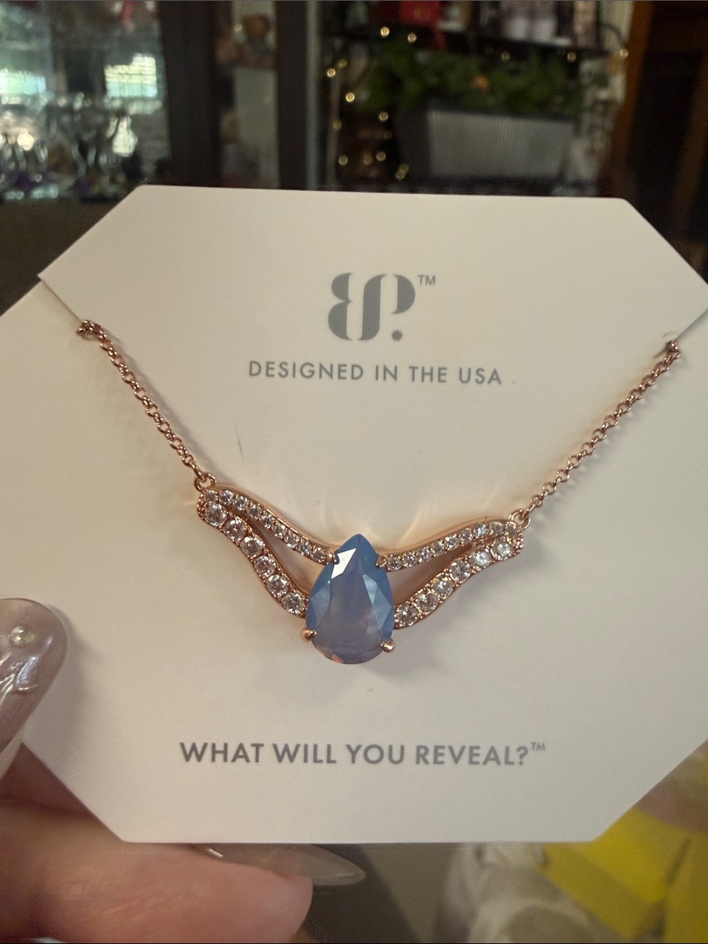 bp Rose Gold Necklace with Blue Teardrop Pendant and Pavé Accents